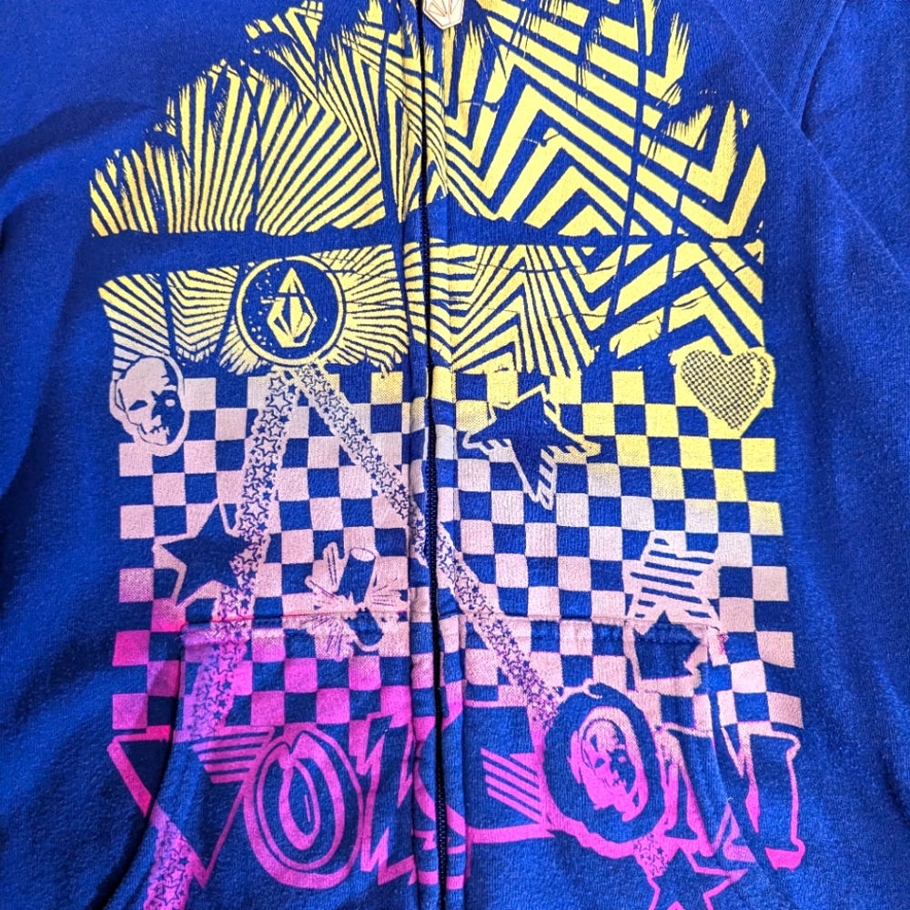 🔥 Vintage Y2K Volcom Hoodie – Blue/Yellow Checkered Graphic Zip-Up Medium 🔥